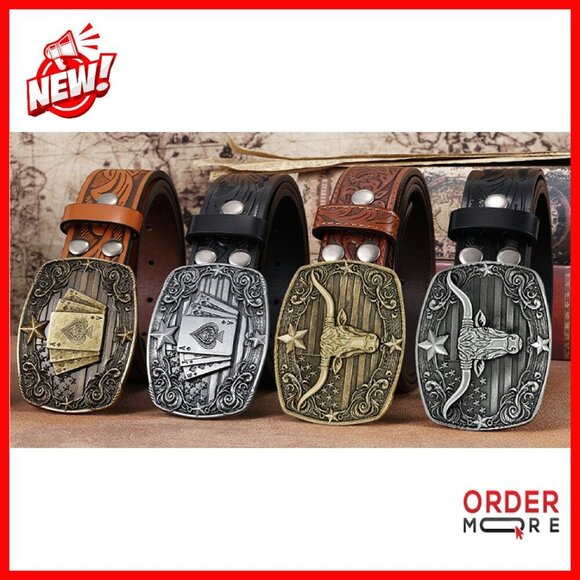Western Cowboy Leather Belt with Bull Buckle for Jeans Size 30-44